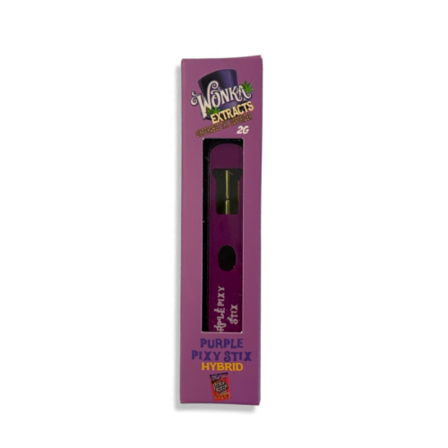 Wonka Extracts – Purple Pixy Stix Hybrid Vape Pen – purple disposable THC vaporizer with live resin blend, packaged in a matching purple box
