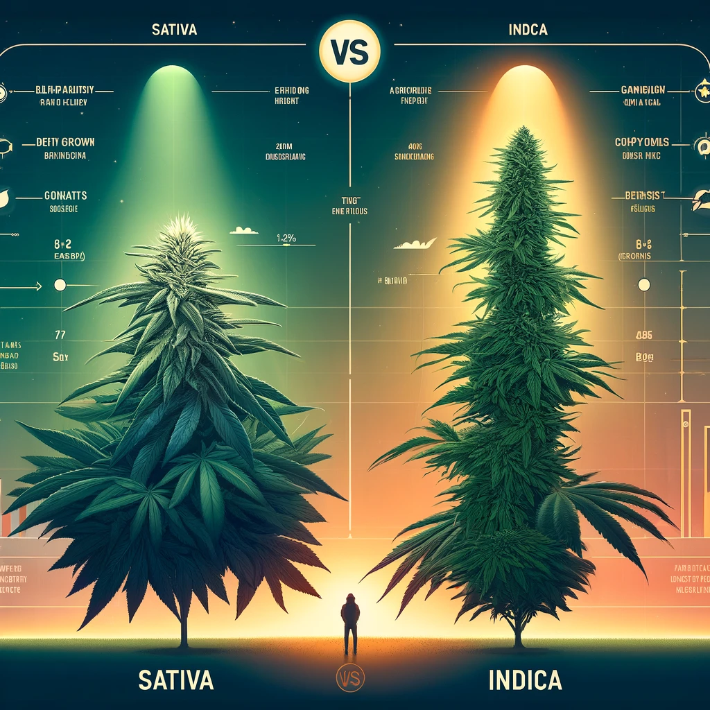 Graphic comparison between Cannabis Sativa and Cannabis Indica plants, with the Sativa depicted as a tall, light green plant and the Indica as a shorter.
