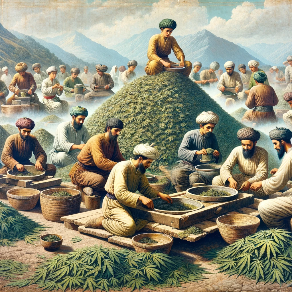 Traditional hash making process with individuals in rustic attire manually sieving cannabis leaves in a natural setting with mountains in the background.