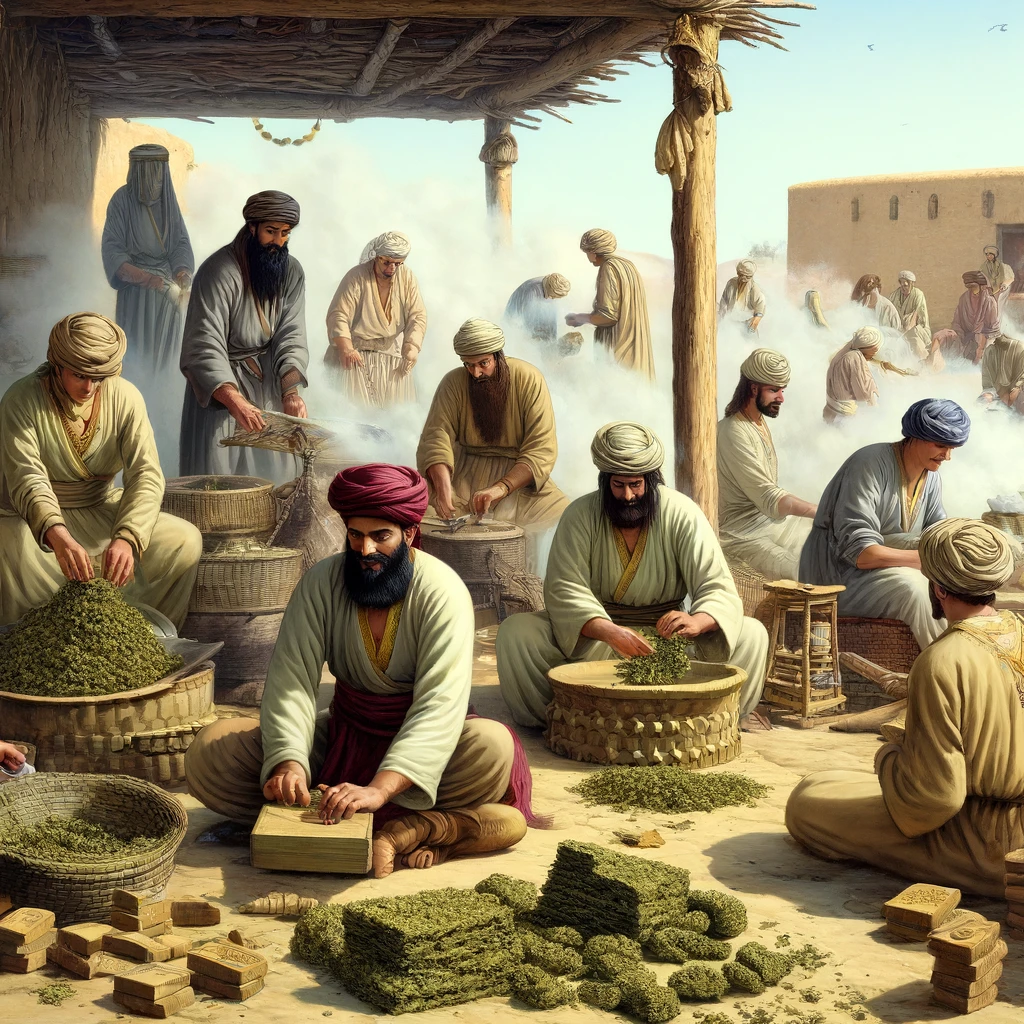 Traditional hashish production in the Middle East, depicting men and women in historical attire processing cannabis leaves into hash, set against a rustic village backdrop.