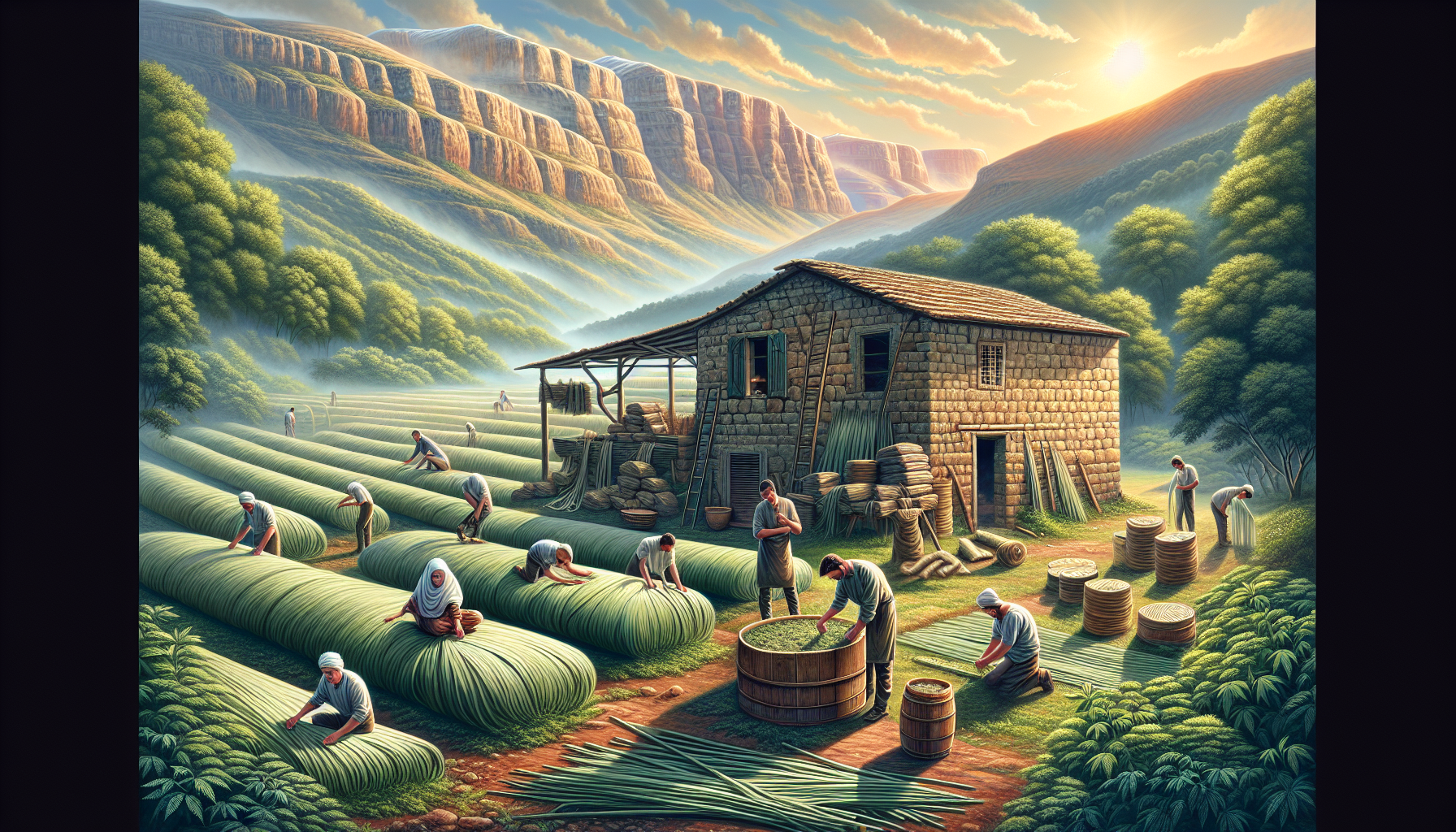 A stylized illustration of a traditional Lebanese Hash production process in a scenic setting.