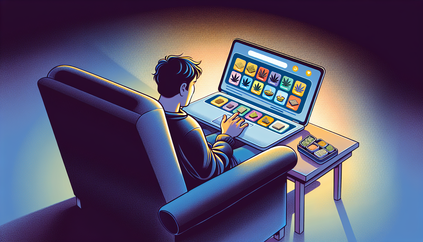 Illustration of a person browsing hash products on a laptop