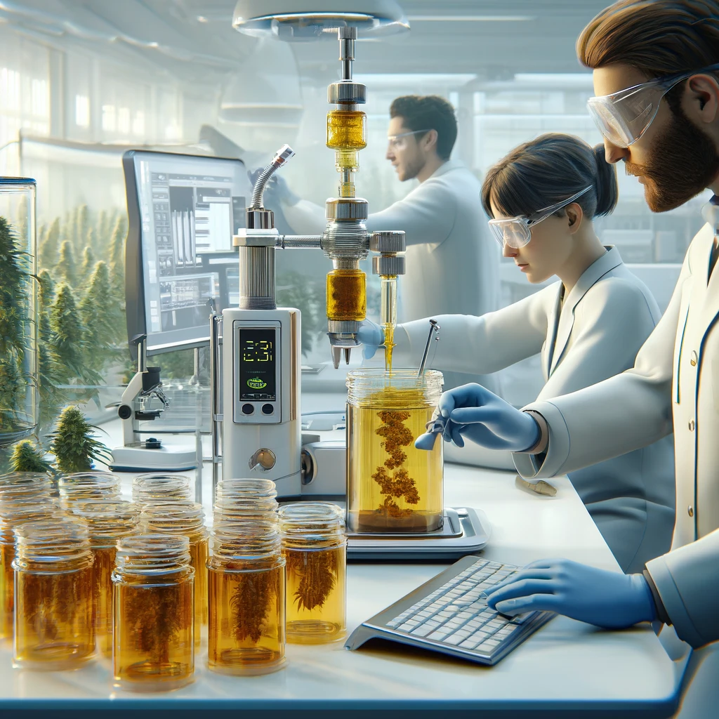 Modern laboratory with scientists in lab coats and safety goggles extracting live resin from cannabis, using high-tech equipment and monitoring the process on computers.