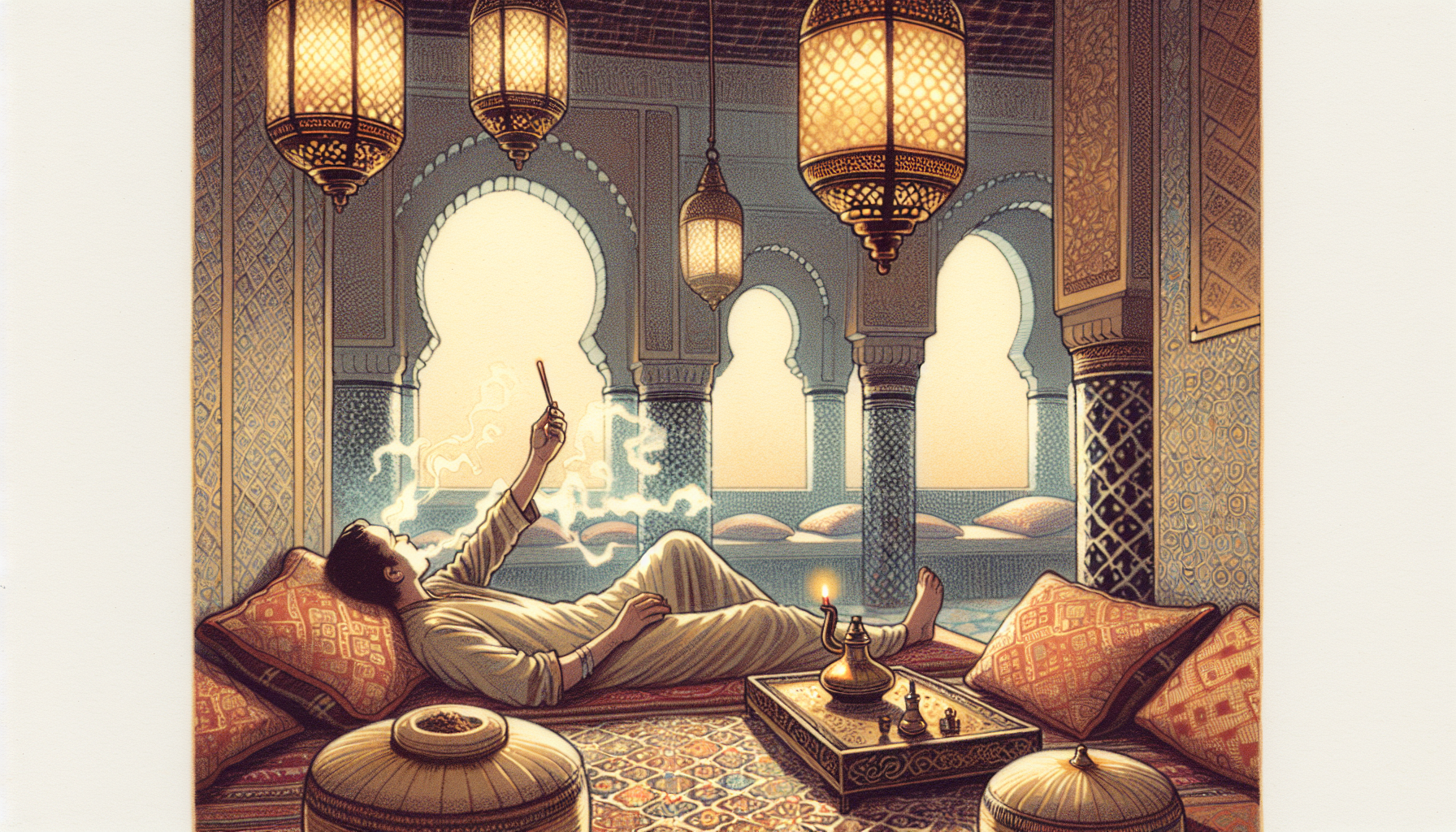 Illustration of a serene setting with a person enjoying Moroccan Habibi Hash