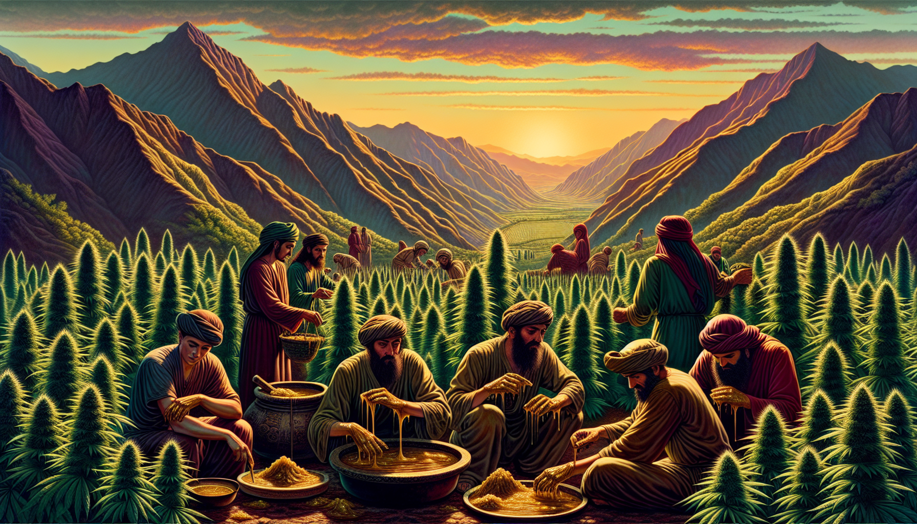 Illustration of ancient Persian and Central Asian landscapes with people collecting resin from cannabis plants
