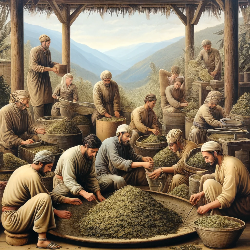 Traditional hash making process with individuals in rustic attire manually sieving cannabis leaves in a natural setting with mountains in the background