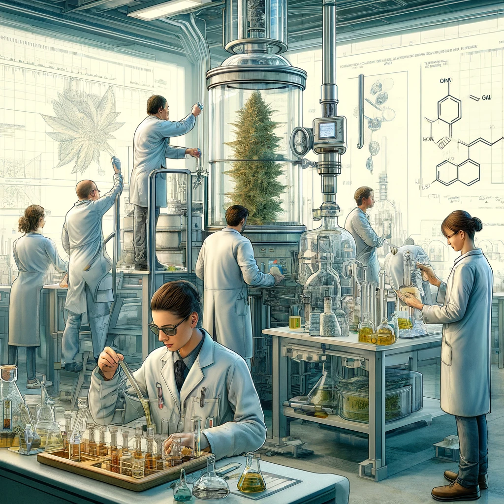 Scientists in a modern laboratory producing cannabis distillate, using distillation apparatus and scientific instruments to refine and test the purity of cannabis oil.