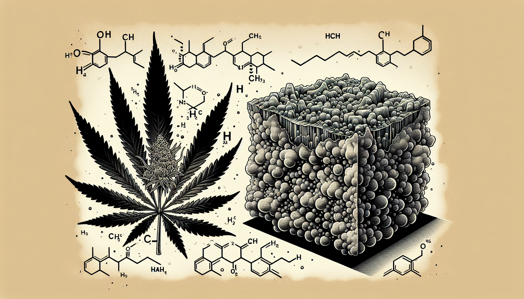 Illustration of hash and marijuana leaves with magnified THC molecules
