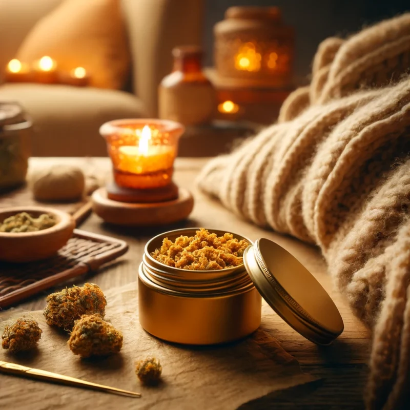 Cozy scene with Afghani Gold Seal Hash on a rustic wooden table surrounded by a soft-knit throw and a lit candle, creating a warm, inviting atmosphere.