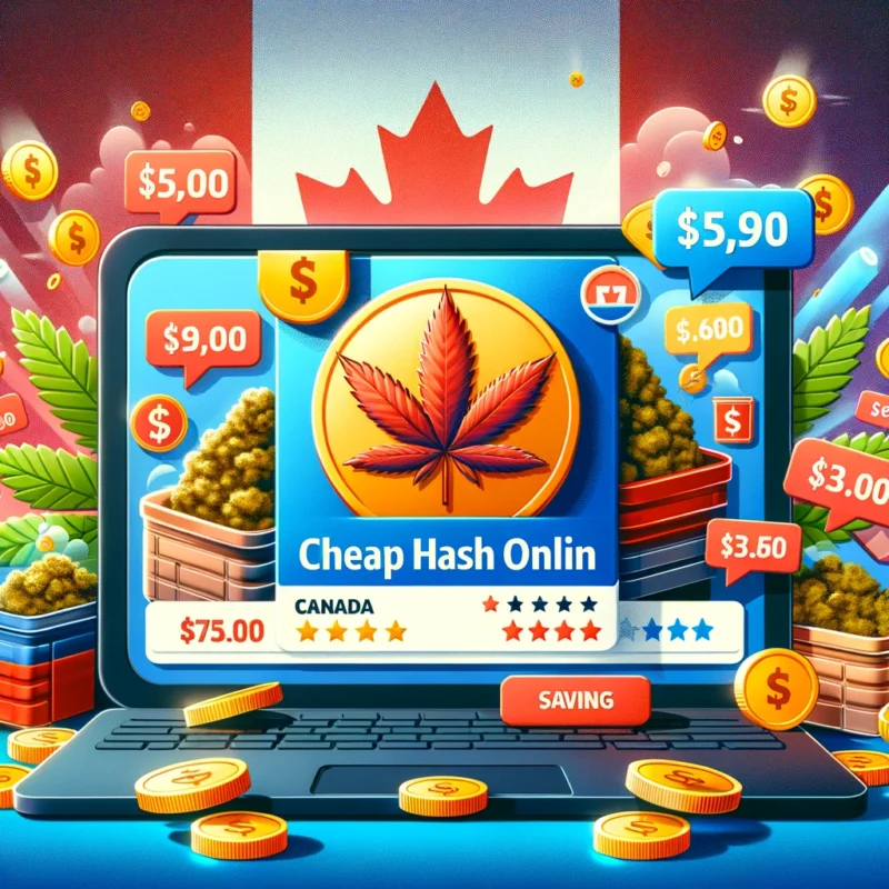 Digital display of budget-friendly hash products on a Canadian online marketplace, featuring vibrant price tags and promotional offers with a backdrop of the Canadian flag and discount symbols.