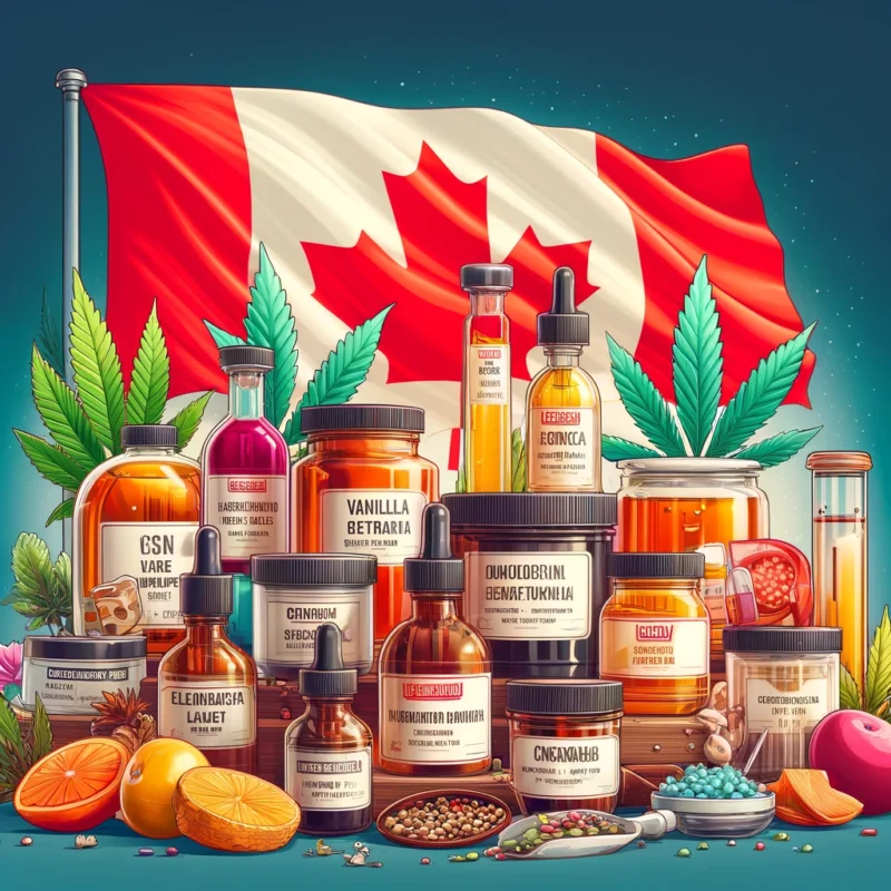 Collage of various extracts including vanilla, herbal, fruit, and cannabis, each in labeled containers, set against a backdrop of the Canadian flag, symbolizing the diversity and quality of Canadian extracts online.