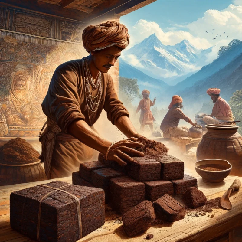 Traditional Nepalese artisans kneading and shaping hand-made hash against a backdrop of the Himalayan mountains, illustrating the cultural and artisanal heritage of hash production in Nepal.