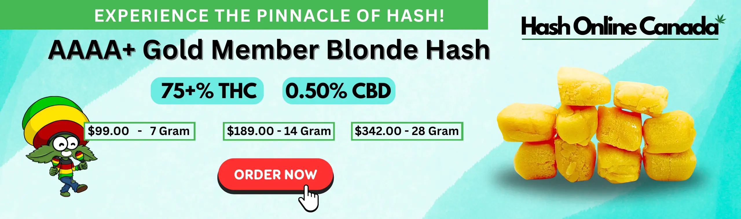 Promotional banner for Hash Online Canada featuring AAAA+ Gold Member Blonde Hash with high THC content.