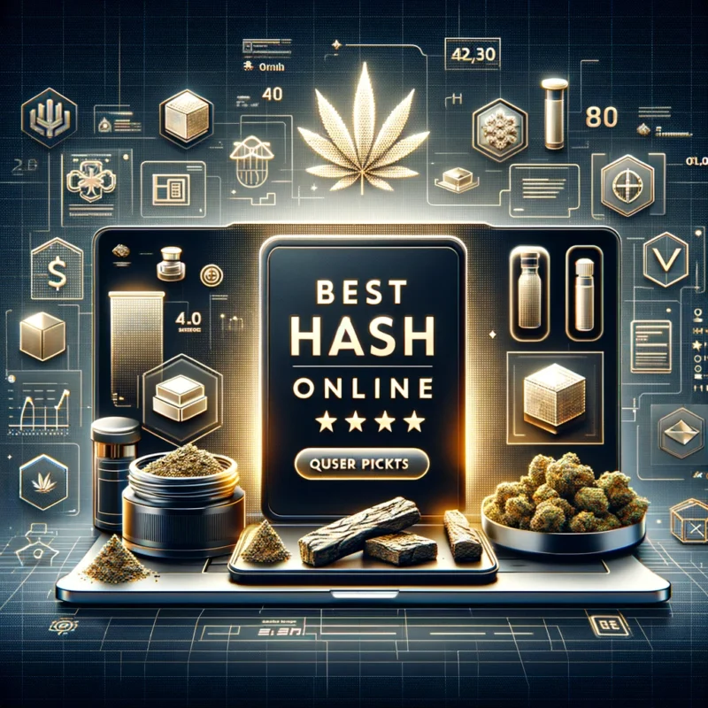 Modern digital display showcasing various types of high-quality hash available online, with user ratings and product features on a tech-oriented background.
