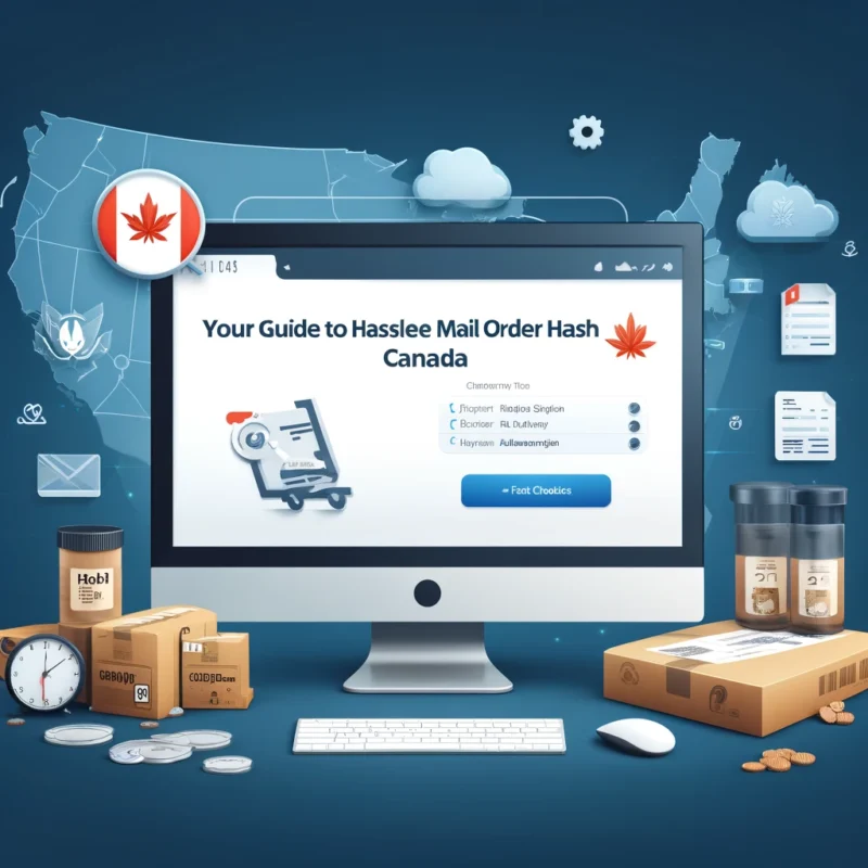Computer screen showing a user-friendly website for mail order hash in Canada, featuring secure checkout, a map highlighting delivery areas, and icons for fast shipping and secure payment for mail order hash Canada.