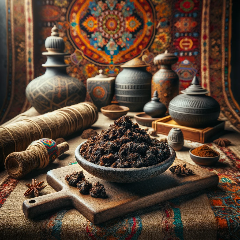 Close-up view of rich, dark Afghan hash with a backdrop featuring traditional Afghan carpets and pottery.
