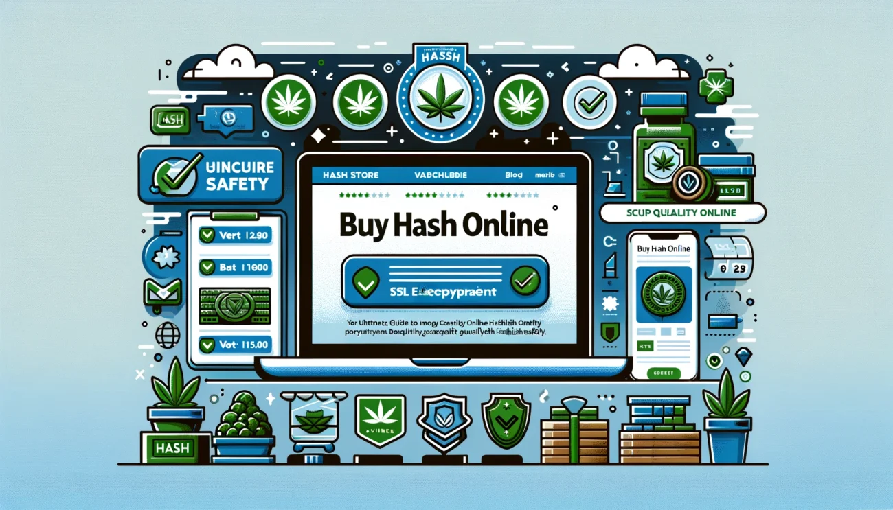 Informative banner displaying 'Buy Hash Online' on a laptop screen with icons for security features such as SSL encryption and verified badges, emphasizing the safe purchase of quality hashish online.