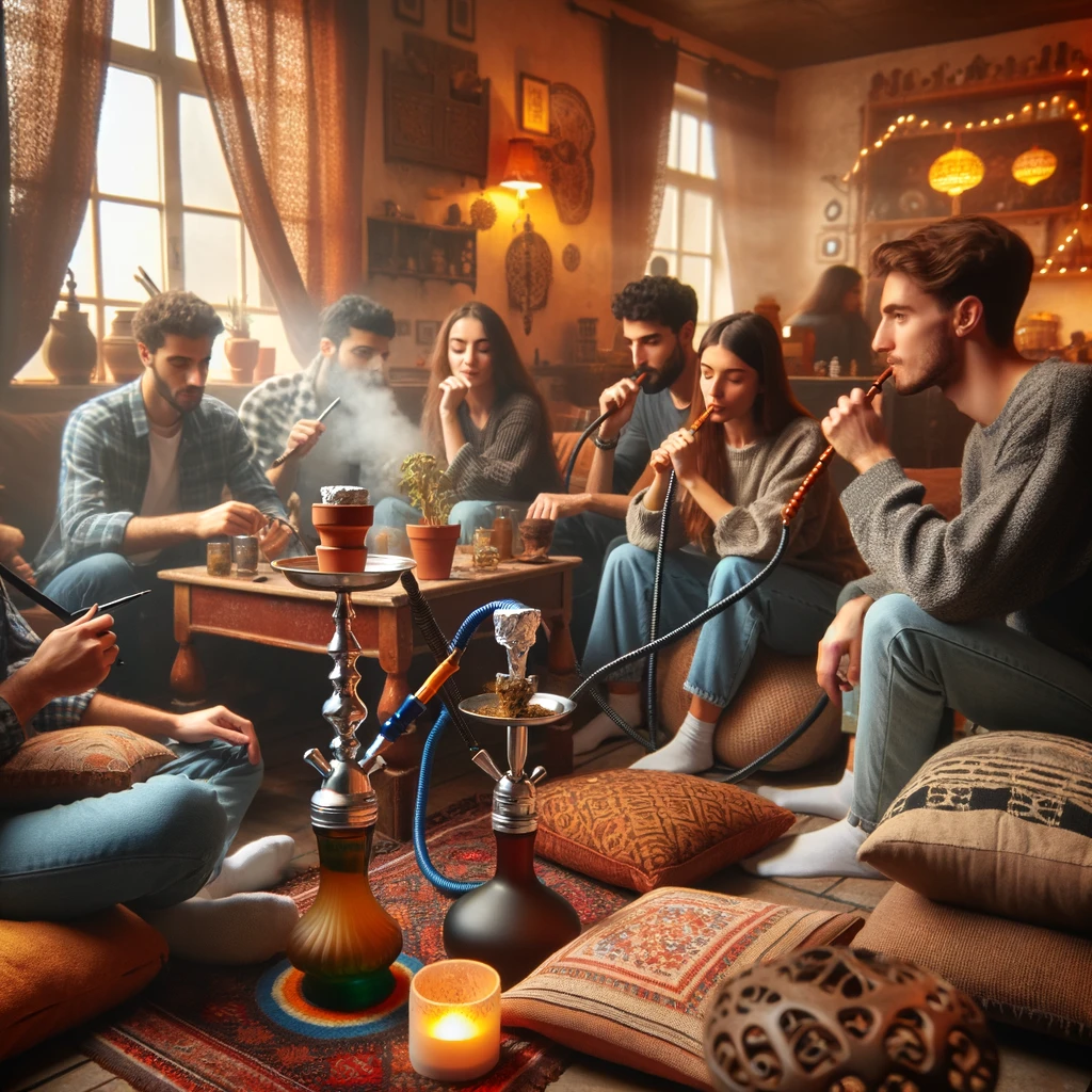 A group of diverse friends consuming hash in a cozy living room, using a hookah and pipes, surrounded by comfortable cushions and soft lighting, highlighting a communal and cultural experience.