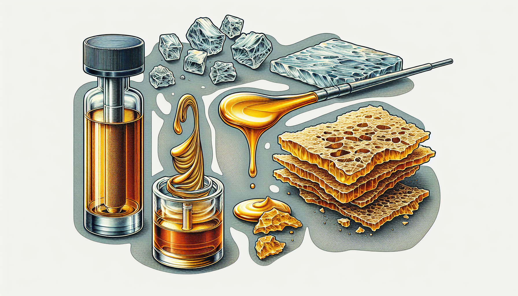 Illustration of various forms of hash including BHO, dabs, shatter, and wax