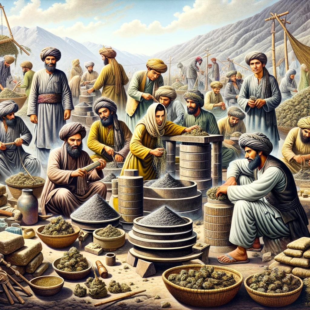 Traditional Afghani style hashish production with men and women in Afghan attire, using sieves and hand-pressing techniques amidst a backdrop of rugged mountains.