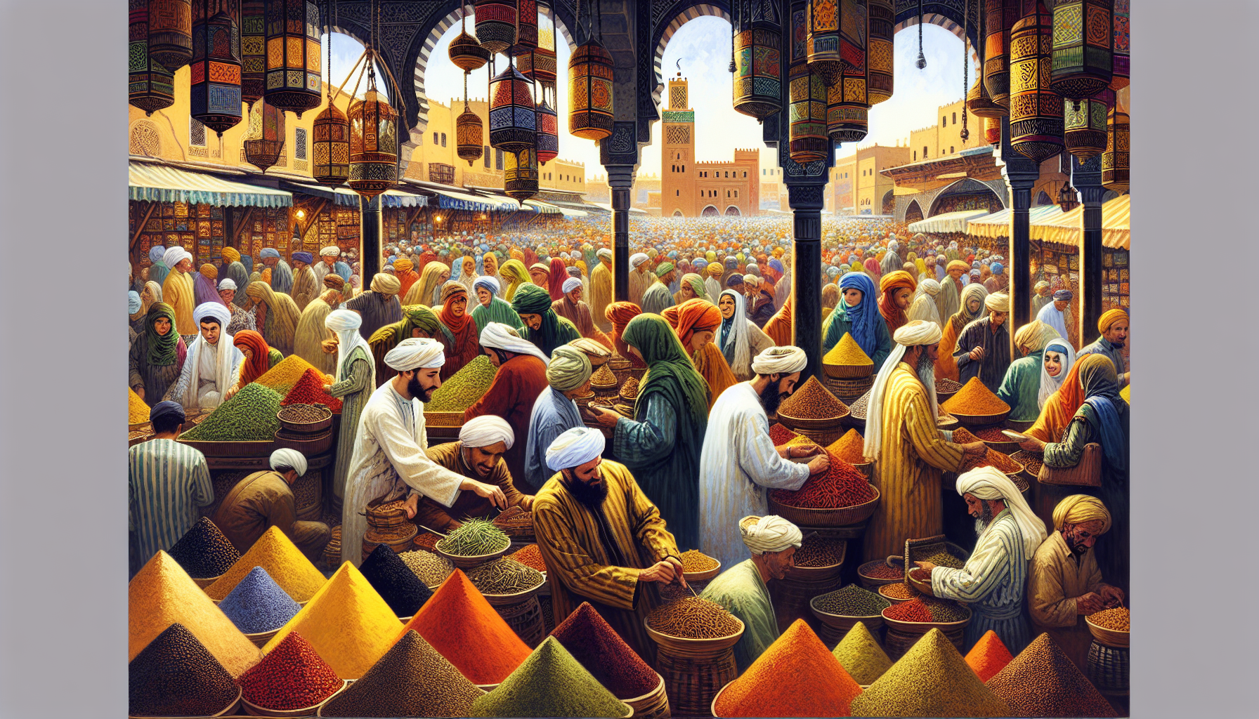 Illustration of traditional Moroccan market with various herbs and spices