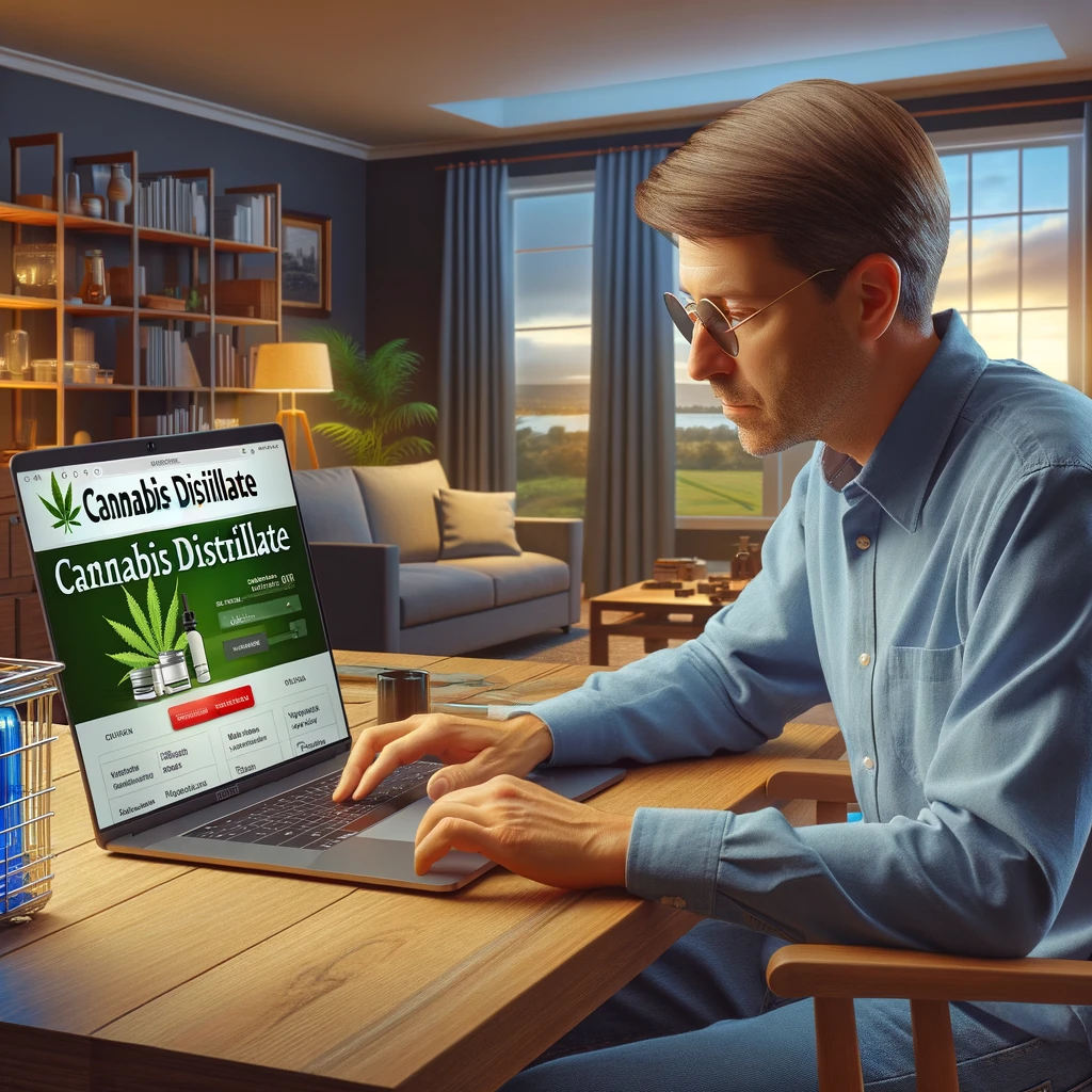 Middle-aged Caucasian man with glasses buying cannabis distillate online, seated at a desk in a cozy home office, looking at a laptop screen displaying cannabis products.
