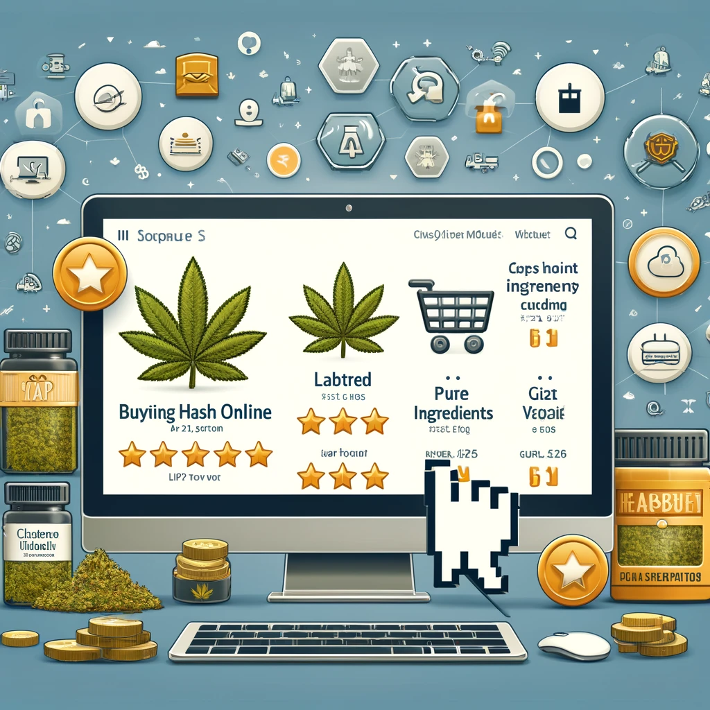 Digital shopping interface on a laptop displaying hash products with labels like 'Lab Tested' and 'Pure Ingredients', a cursor on a five-star review, against a backdrop of online security icons
